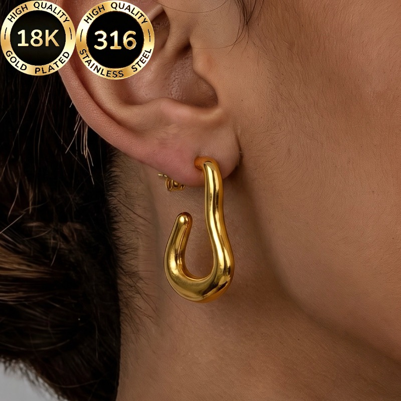 Women's 18K Gold Plated Hypoallergenic Stainless Steel Curved Stud Earrings